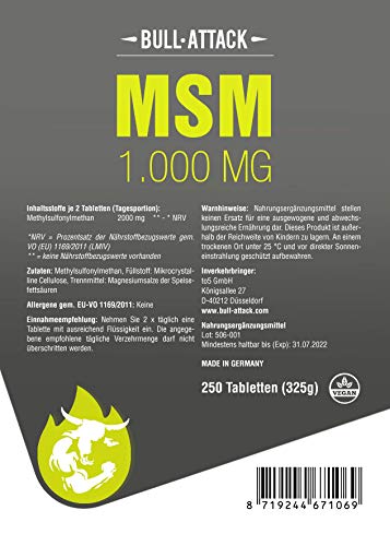 Tabletas MSM (250 tabletas veganas de 1000mg cada una) Dosis Ultra Alta | Big Pack XL | Metilsulfonilmetano 99,9% Puro | Calidad farmacéutica producida en Alemania de acuerdo con las normas ISO y GMP