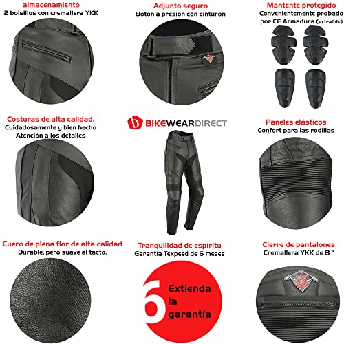 Texpeed Pantalones de Cuero Moto Hombre - con Armadura Protectores de Quita y pon CE (EN 1621-1) RS - Negro - (XL Cintura/Pierna Largo)