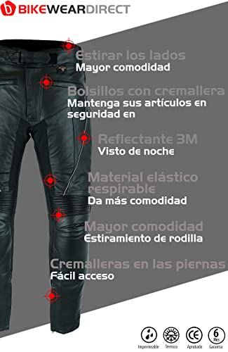 Texpeed Pantalones de Moto Cuero - Hombre Impermeable Motocicleta de Turismo para de con auténtica protección de Armadura de Motociclista CE (EN 1621-1) Negro - (M Cintura/Pierna Largo)