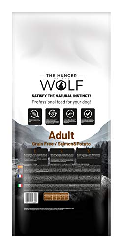 The Hunger of The Wolf Alimento seco para perros adultos sin cereales, con salmón y patatas, para todas las razas, para perros alérgicos, 14 kg