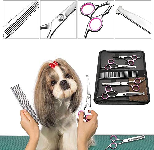 Tijeras de aseo para perros, juego de tijeras de aseo de mascotas de acero inoxidable 5 en 1 con punta redonda para el cuidado del cabello de perros y gatos