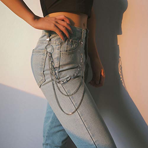 Tomaibaby 2Pcs Capa Multicapa Jeans Cadena Mujer Cintura Pantalones Cadena Plateada Retro Hip Hop Danza Pantalones Falda Cadena