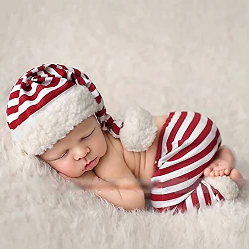 Traje de Fotografía de Bebé Ropa de Recién Nacido Ropa de Fotografía Sombrero de Rayas Blancas Rojas de Algodón + Pantalón(Sombrero + pantalones cortos)