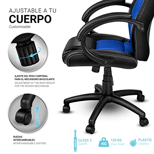 TRESKO Racing Silla de oficina silla de escritorio silla de ordenador silla giratoria disponible en 14 colores, bicolor, silla Gaming ergonómica, pistón de gas certificado por SGS, silla adecuada para niños mayores (Negro / Azul)