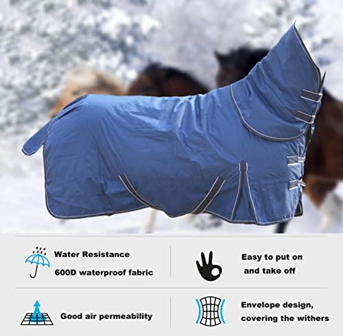 Turnout Winter Horse Blanket, 600d Ripstop Horse Blankets for Winter Impermeable, Transpirable, Cálida y Espesa, Manta De Poni para Invierno 320g De Peso Medio Azul,125cm/49in
