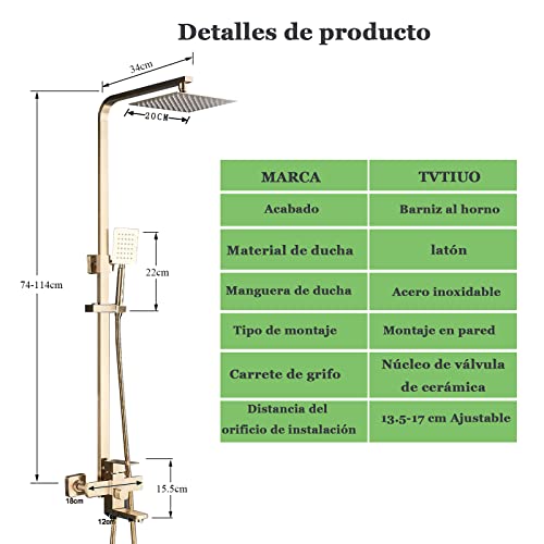 TVTIUO Columna de ducha ,Multifuncional Conjunto de ducha altura ajustable, 8“ Alcachofa Ducha Lluvia y Cuadrado Ducha de Mano,Latón,Oro Cepillado