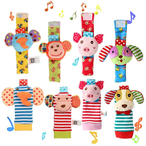 Twister.CK 8 Piezas para bebé sonajero, muñequeras para bebé y Juego de Calcetines para Buscar pies, Juguete de Animal de Peluche Suave con Mono, Elefante, Cachorro y alcancía