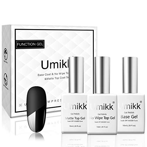 Umikk No Wipe, capa superior de alto brillo, capa superior mate y capa base, juego de esmalte de uñas en gel, 3x10ml, Gel LED UV para remojo para manicura en gel