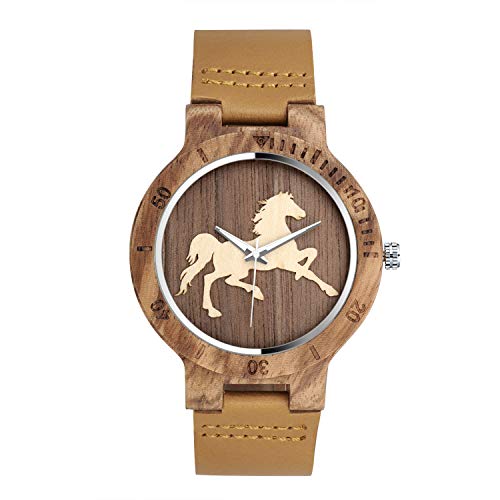 Unendlich U-Moda Casual Reloj de Madera de Bambú para Mujer y Hombre Reloj de Cuarzo Negocios con la Correa de Cuero Genuino Idea Regalo Navidad Diseño en Caballo