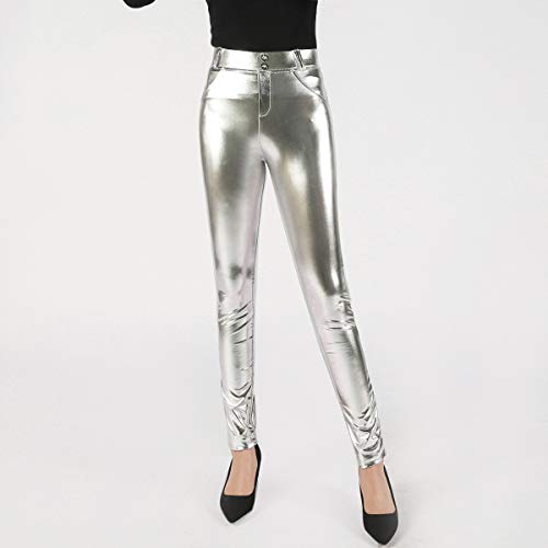 Uni-Wert Mujeres PU Leggins Cuero Brillante Plata Pantalón Cintura Alta Skinny Elásticos Pantalones