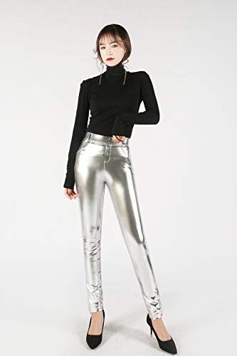 Uni-Wert Mujeres PU Leggins Cuero Brillante Plata Pantalón Cintura Alta Skinny Elásticos Pantalones