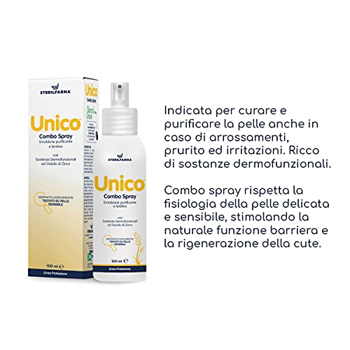 Unico Combo Spray es una emulsión fluida purificadora a base de Óxido de Zinc, Aceite del Árbol del Té, Clorhexidina y Urea. Probado dermatológicamente en pieles sensibles. Botella Green 100ML