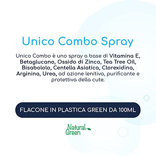 Unico Combo Spray es una emulsión fluida purificadora a base de Óxido de Zinc, Aceite del Árbol del Té, Clorhexidina y Urea. Probado dermatológicamente en pieles sensibles. Botella Green 100ML