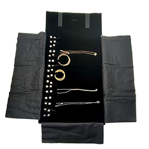 UnionPlus - Estuche enrollable de terciopelo organizador de joyas para viaje; apto para collar, pulsera, pendientes, anillo, color negro