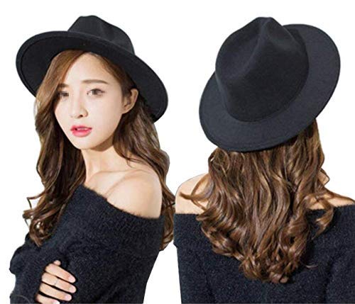 Upstore Sombrero de fieltro para mujer, diseño clásico, de ala ancha, color negro