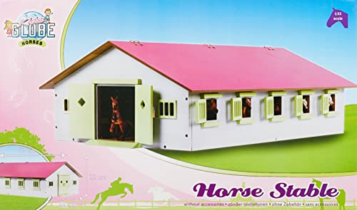 Van Manen Kids Globe Farming Granja Ecuestre con 9 establos, Caballo, cuadra de Madera con Techo Plegable, 610188, Color Rosa