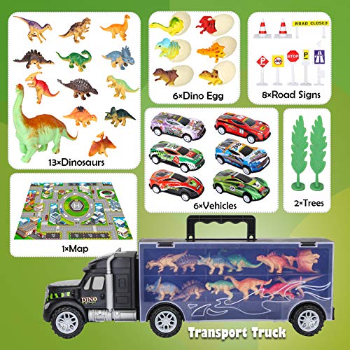 Vanplay Camión Transportador de Dinosaurios incluir Huevos de Dinosaurio Juguetes Mini Coche de Carreras, Tapete de Juego, Las señales de Tráfico para Niños y Niñas