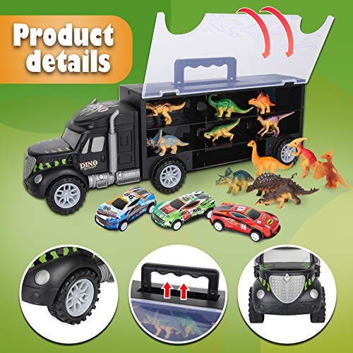 Vanplay Camión Transportador de Dinosaurios incluir Huevos de Dinosaurio Juguetes Mini Coche de Carreras, Tapete de Juego, Las señales de Tráfico para Niños y Niñas
