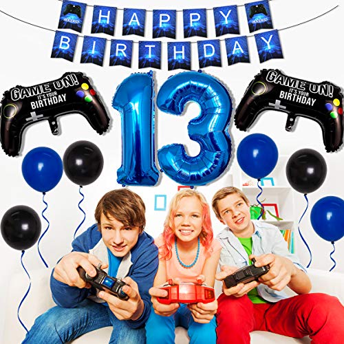 Videojuego Decoraciones de cumpleaños número 13 para niños Juego en suministros de fiesta de cumpleaños Juego azul Banner de feliz cumpleaños Controlador de juego Globo