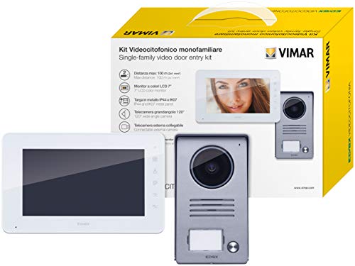 Vimar K40930 Kit videoportero de superficie para 1 familla con: videoportero LCD 7in altavoz con teclado capacitivo, placa audio/vídeo de 1 botón, alimentador, con estribos de fijación, Blanco