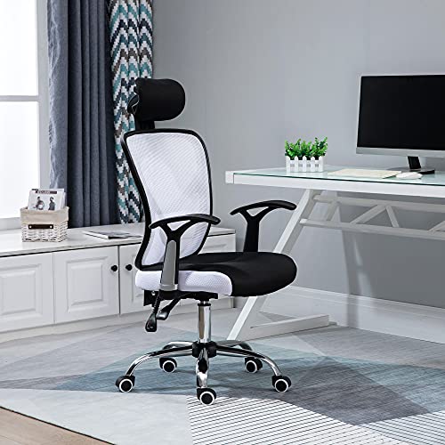 Vinsetto Silla de Oficina Ergonómica Silla Escritorio Giratoria con Altura Ajustable Función Relinable Reposacabezas Regulable y Soporte Lumbar 65x67x108-118 cm Blanco