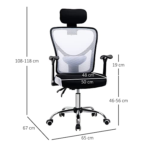 Vinsetto Silla de Oficina Ergonómica Silla Escritorio Giratoria con Altura Ajustable Función Relinable Reposacabezas Regulable y Soporte Lumbar 65x67x108-118 cm Blanco