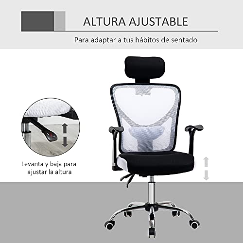 Vinsetto Silla de Oficina Ergonómica Silla Escritorio Giratoria con Altura Ajustable Función Relinable Reposacabezas Regulable y Soporte Lumbar 65x67x108-118 cm Blanco