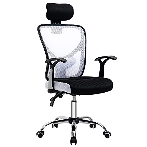 Vinsetto Silla de Oficina Ergonómica Silla Escritorio Giratoria con Altura Ajustable Función Relinable Reposacabezas Regulable y Soporte Lumbar 65x67x108-118 cm Blanco