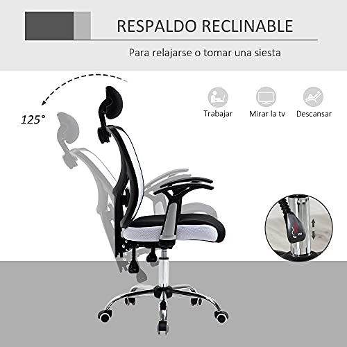 Vinsetto Silla de Oficina Ergonómica Silla Escritorio Giratoria con Altura Ajustable Función Relinable Reposacabezas Regulable y Soporte Lumbar 65x67x108-118 cm Blanco