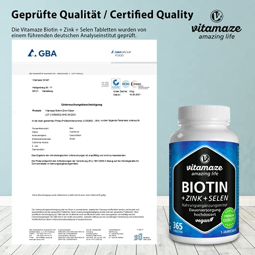 Vitamaze® Biotina 10000 mcg de Dosis Alta + Selenio + Zinc para Crecimiento del Piel, Cabello y Uñas - 365 Tabletas Veganas para 1 Año, Calidad Alemana, sin Aditivos Innecesarios