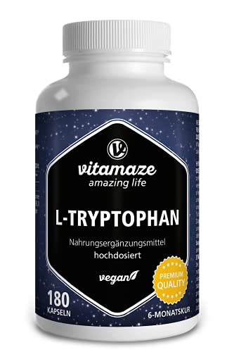 Vitamaze® L-Triptófano Pura 500mg por Cápsula, 180 Cápsulas Vegano por 6 Meses, Aminoácido Esencial Puro Naturalmente Fermentado, sin Aditivos Innecesarios, Calidad Alemana