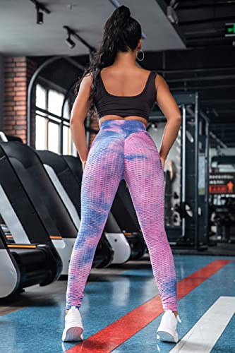 Voqeen Pantalones de Adelgazantes Mujer Leggins Reductores Adelgazantes Leggings de Yoga Tie-Dye Anticeluliticos Cintura Alta Mallas Fitness Push Up para Deporte Mallas (A - Azul & Morado, XL)