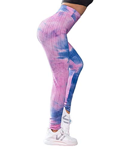 Voqeen Pantalones de Adelgazantes Mujer Leggins Reductores Adelgazantes Leggings de Yoga Tie-Dye Anticeluliticos Cintura Alta Mallas Fitness Push Up para Deporte Mallas (A - Azul & Morado, XL)