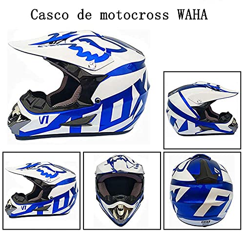 WAHA Casco Moto Niño, Cascos de Motocross,Enduro,Descenso,Full Face para Hombre, Casco de Carreras D.O.T Certificación,Casco Motocross Infantil con Diseño de Fox,Azul Blanco,XL