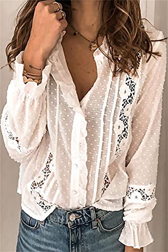 WangsCanis Camisa de verano otoño informal de encaje de manga larga con volantes y cuello en V para mujer, blanco, S