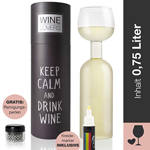 Wine Lovers Copa Vino Botella para Vino Regalo - Copa Vino Estado Animo en Vino Caja Regalo - para Vino Tinto y Vino Blanco con Rotulador Tiza - Bolas de Limpieza Incluidas