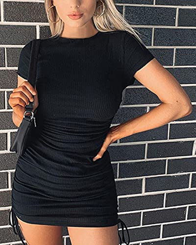 WINKEEY Vestido Ajustado de Manga Corta con Pliegues y Cordón Lateral Mini Vestido de Verano para Mujer, 1 Negro M