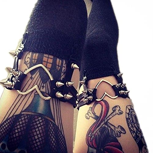 Women Girl Sexy Leather Heart Garters Punk Rock Rivet Stud Leg Ring 2pcs