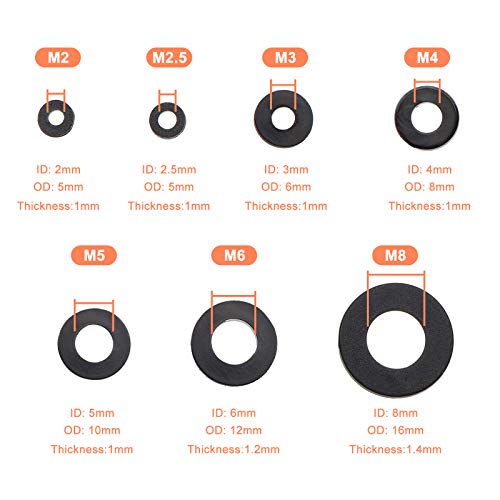 XTVTX 500 PCS Juego de arandelas espaciadoras planas chapadas en nailon negro anillo métrico de juntas (M2/M2.5/ M3/M4, M5/M6/M8)