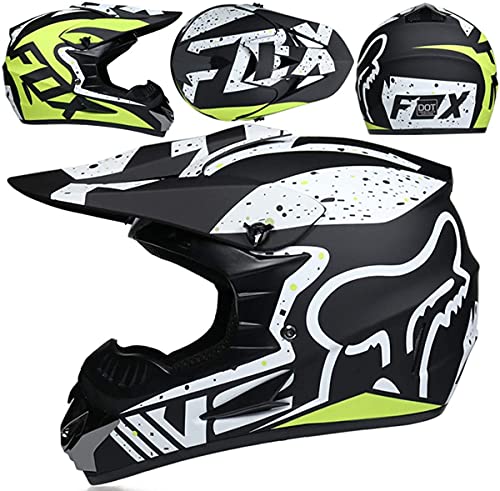 XYYMC Casco de Moto de Motocross de Integrales para Niños y Adultos Gafas + Guantes + Máscara para Scooter Eléctrico Dirt Bike MTB MX ATV con Diseño Fox - Homologado Dot, Negro Mate (S)