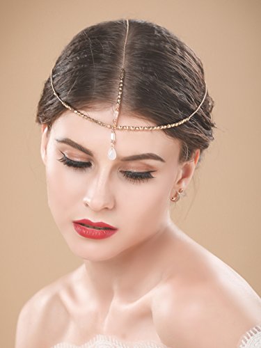 Yean Cadena de cabeza de cristal de boda con diamantes de imitación de oro para novia, accesorios para el cabello de novia para mujeres y niñas