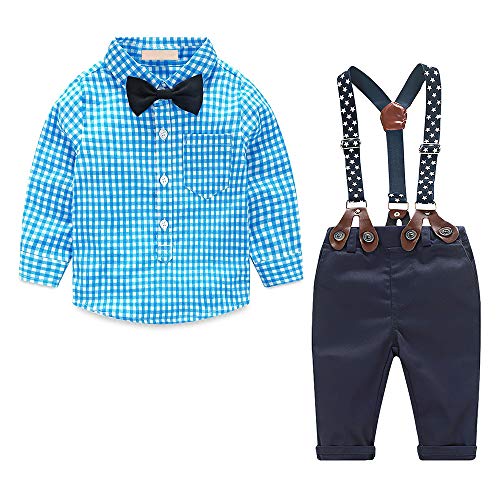 Yilaku Conjunto bebe niño iverano ropa bebe niño camisa a cuadros azul de manga larga + pajarita + pantalón + tirantes traje de navidad para bebes（Azul，110）