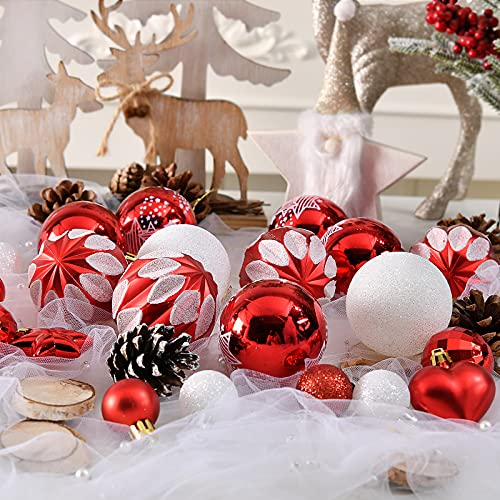 YILEEY Adornos de Navidad Decoracion 88 Piezas Blanco y Rojo, Arboles de Navidad Bolas de Plastico, en 15 Tipos, Caja de Bolas de Navidad de Plástico Inastillable con Percha, Adornos Decorativos