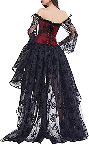 YINGKE Mujeres Deshuesado Corsé Gótico Halloween Vestido Clubwear Fiesta Traje (S, Negro Rojo)