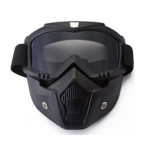 YIQI Motocicleta Gafas de máscara de Motocross con extraíble y Filtro de Boca para Vintage Cascos (Marco Negro, Lente Gris)