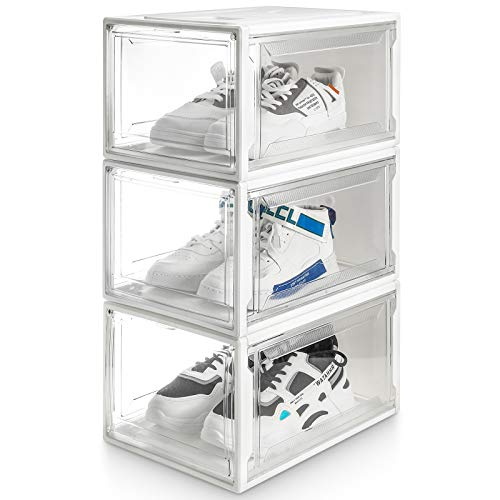 Yorbay Caja de Zapatos, Juego de 3, Organizador de Zapatos Apilable, Caja de Plástico con puerta Transparente, zapatero, 37 x 25,5 x 20 cm, para zapatos hasta la talla 48, Super Transparente blanco