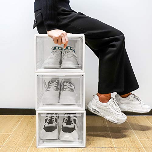 Yorbay Caja de Zapatos, Juego de 3, Organizador de Zapatos Apilable, Caja de Plástico con puerta Transparente, zapatero, 37 x 25,5 x 20 cm, para zapatos hasta la talla 48, Super Transparente blanco