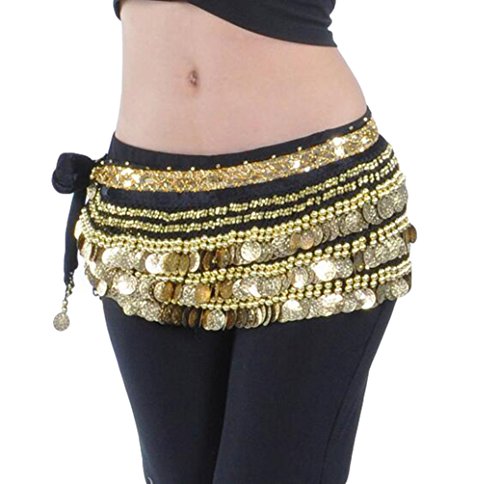 YuanDian Mujer Monedas Lentejuelas Profesional Danza Del Vientre Cinturon Falda Pañuelo Scarf Trajes De Belly Dance Negro+Dorado Moneda