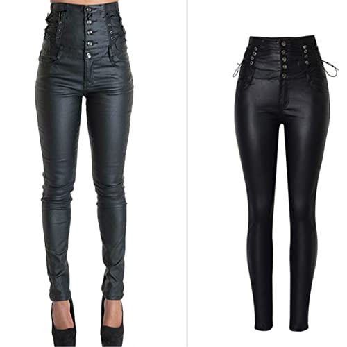 Yuntanu Las mujeres de cintura alta revestido Pu Skinny Jeans Moda Inglaterra Encaje Up Push Up Sexy Pantalones de cuero, Negro, 70 Largo