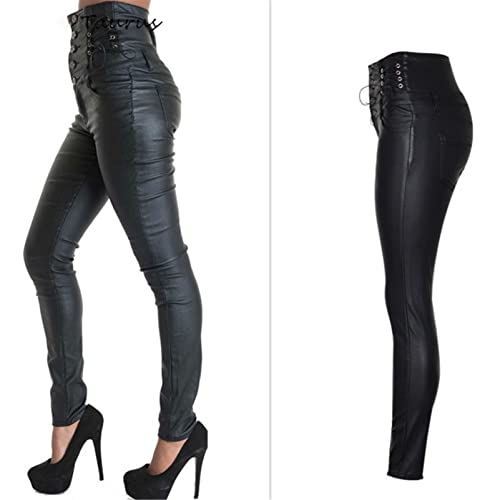 Yuntanu Las mujeres de cintura alta revestido Pu Skinny Jeans Moda Inglaterra Encaje Up Push Up Sexy Pantalones de cuero, Negro, 70 Largo